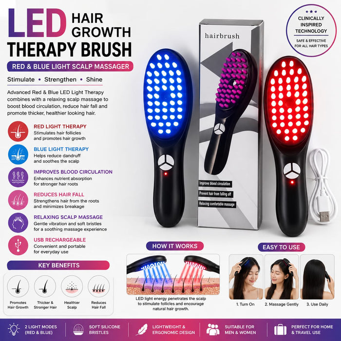 LED Hair Growth Therapy Brush – Red & Blue Light Scalp Massager
