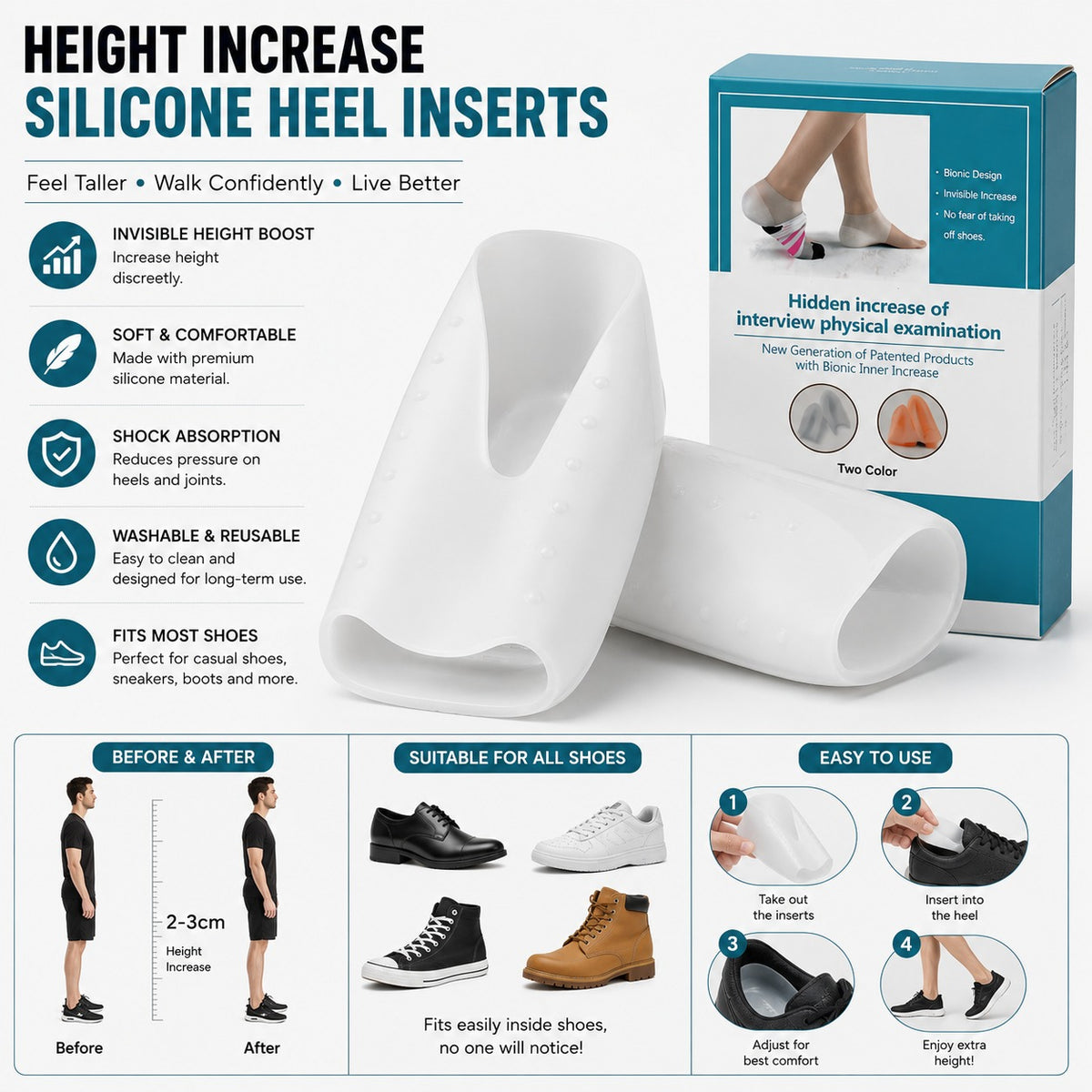 Height Increase Silicone Heel Inserts – Invisible Shoe Lift Pads (1 Pair)